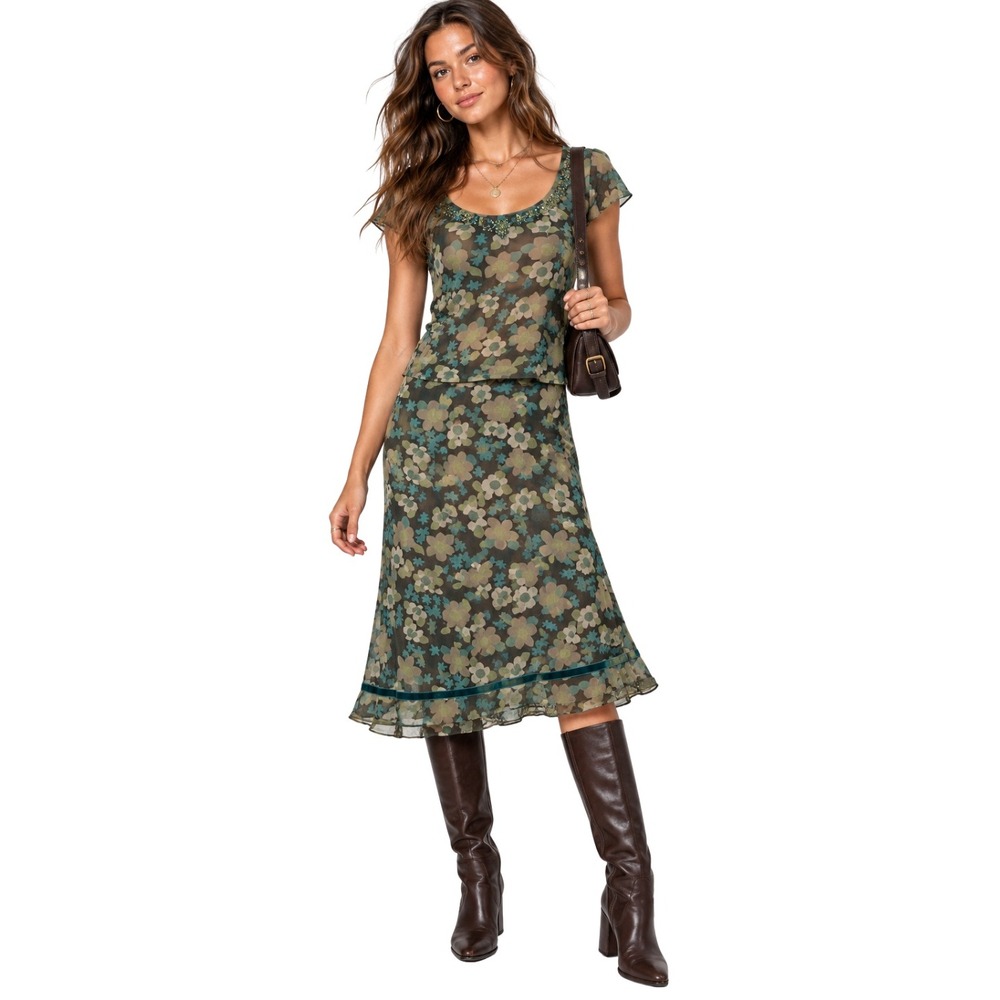 Vintage Y2K Fairy Silk Floral Beaded 2 Piece Skirt Set Cynthia Howie Green 14